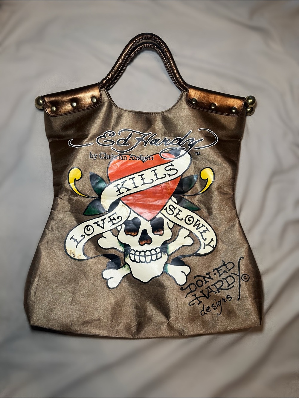 Ed Hardy Bronze Graphic Tote Bag with Skull & Heart Design